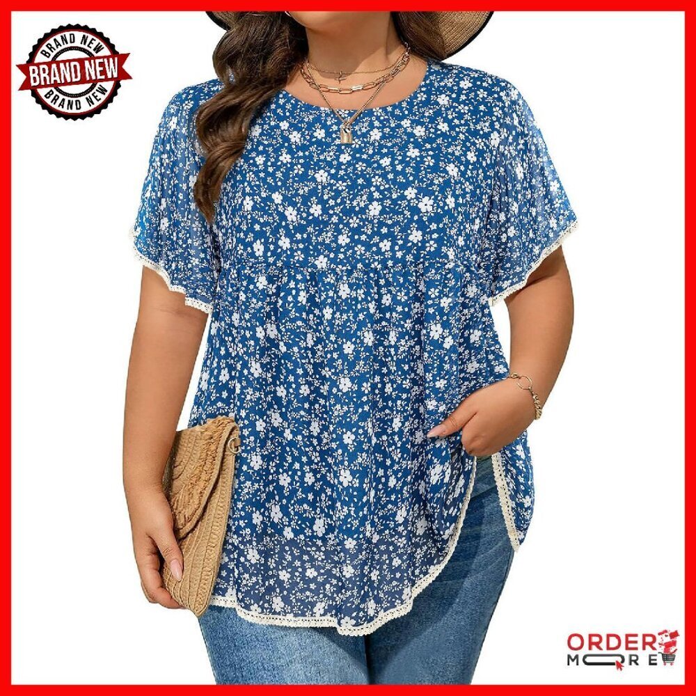 Plus Size Chiffon Blouse Ruffle Sleeve Lace Boho Tunic Top